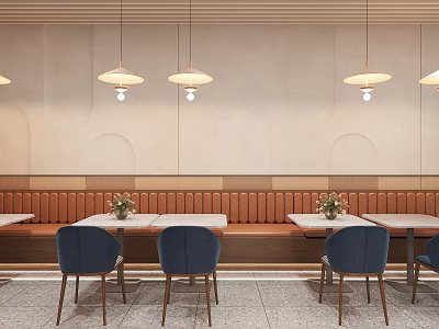 Modern Restaurant Interior With Banquette Seating Blue Chairs And Hanging Pendant Lights 3d model