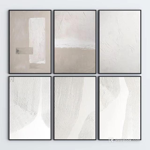 Six Modern Abstract Paintings With Beige White Textured Surfaces And Black Frames 3d model