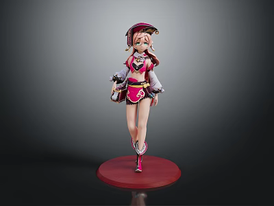 Anime Character Figurine In Pink And Red Outfit With Hat Standing On Red Base 3d model