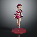 Anime Character Figurine In Pink And Red Outfit With Hat Standing On Red Base