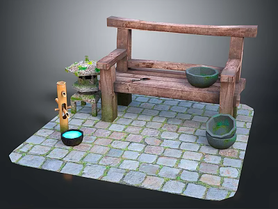 Rustic Wooden Bench On Mossy Cobblestone Floor With Green Bowls And Small Steps 3d model