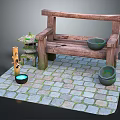 Rustic Wooden Bench On Mossy Cobblestone Floor With Green Bowls And Small Steps