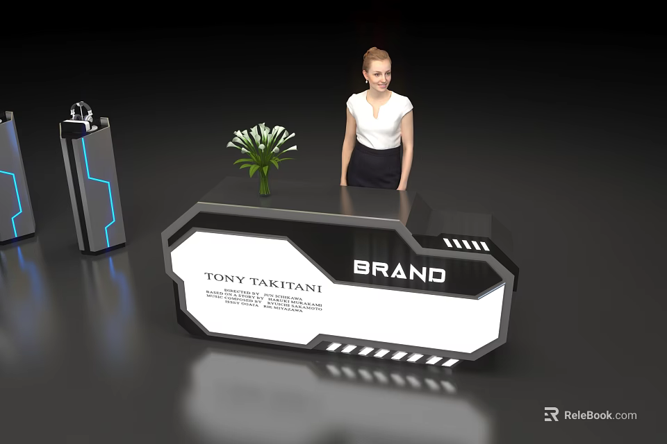 Modern Brand Check in Reception Desk With Woman And Flower Decoration 3d model 