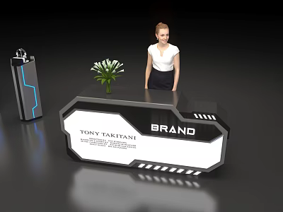 Modern Brand Check in Reception Desk With Woman And Flower Decoration 3d model