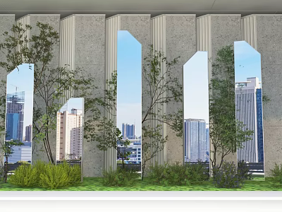 Floral Display Installation For Modern Architectural Facade With Arched Windows And Urban Skyline Reflection 3d model
