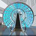 Modern Tech Exhibition Hall Interior With Spiral Glass Structure And Blue Lighting