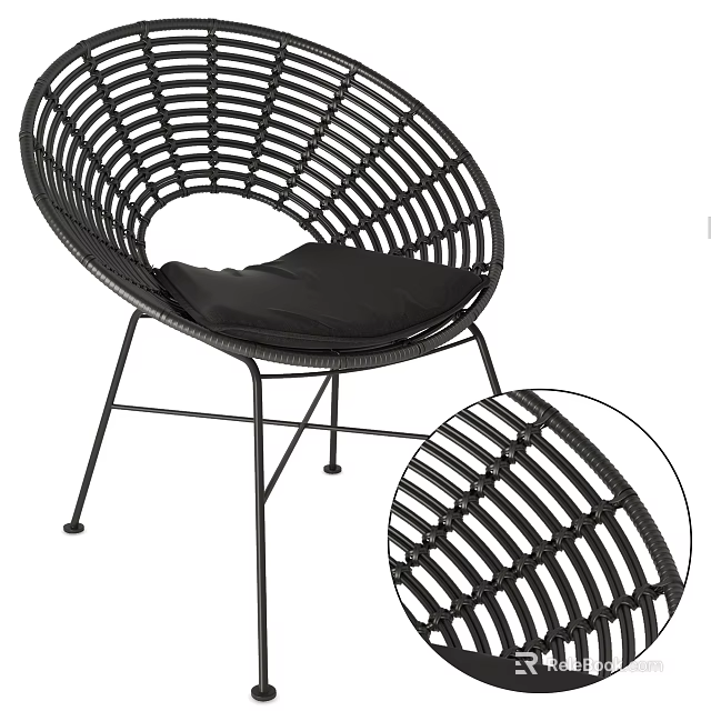 Black Woven Rattan Leisure Chair with Metal Frame and Comfortable Cushion 3d model 