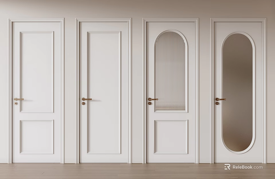 White Hinged Doors Various Designs With Glass Panels And Golden Handles Modern Interior 3d model 