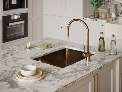 Modern Kitchen Sink With Gold Faucet On Marble Countertop And Cabinets 3d model