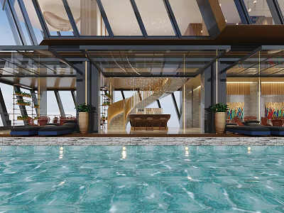 Luxury Clubhouse Featuring Infinity Pool Glass Walls And Elegant Interior Design 3d model