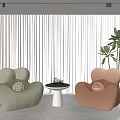 Green and Orange Velvet Accent Chairs With Small Round Table White Curtains And Potted Plant