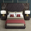 Double Bed with Tufted Brown Diamond Patterned Headboard Bedside Tables Table Lamps and Beige Red Bedding 3d model