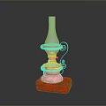 Vintage Oil Lamp With Red Base Golden Parts And Glass Shade