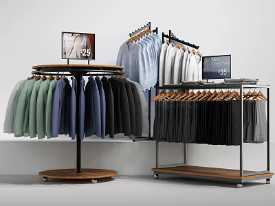 Various Color Clothing Tops On Rotating Rack With Metal Hangers Wooden Base And Sale Signs 3d model