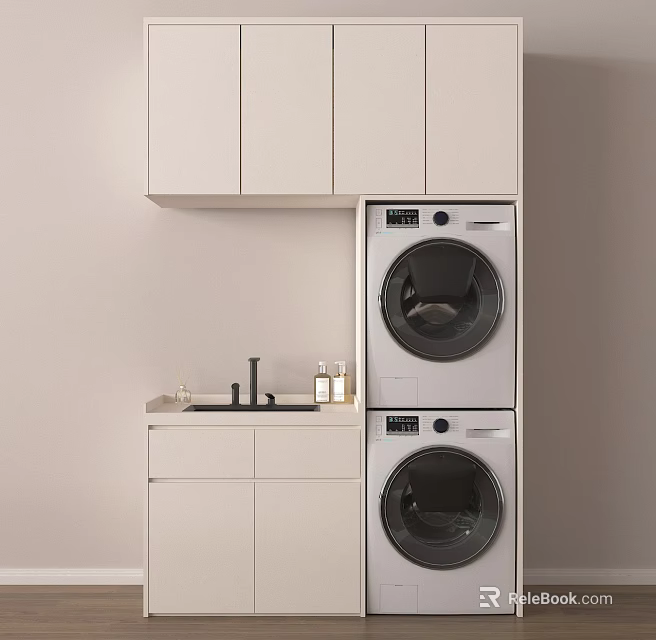 White Balcony Cabinet With Stacked Washer Dryer And Sink Storage Design 3d model 