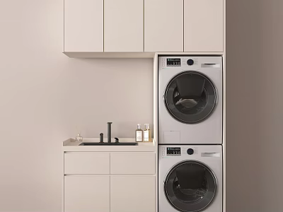 White Balcony Cabinet With Stacked Washer Dryer And Sink Storage Design 3d model