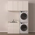 White Balcony Cabinet With Stacked Washer Dryer And Sink Storage Design