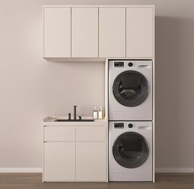 White Balcony Cabinet With Stacked Washer Dryer And Sink Storage Design 3d model