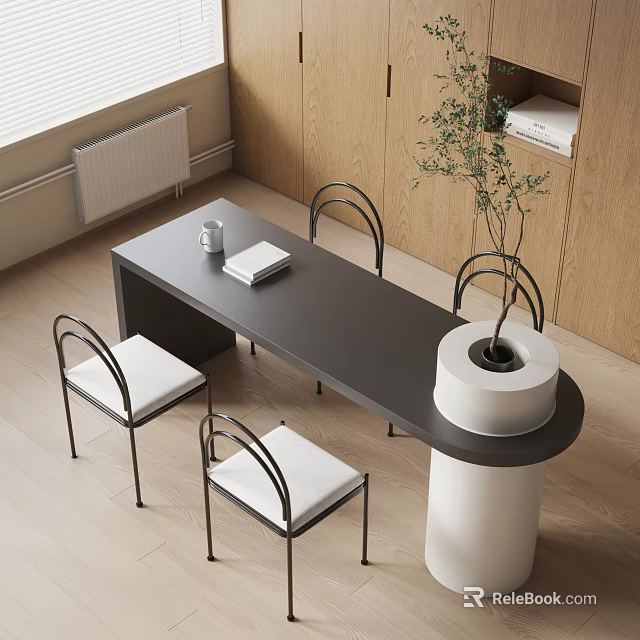 Modern Dining Table Set With Black Table Four Chairs White Cushions And Potted Plant 3d model 