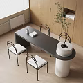Modern Dining Table Set With Black Table Four Chairs White Cushions And Potted Plant