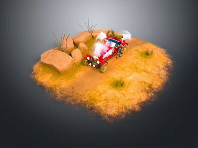 Sandy Desert Landscape Featuring Red Car Rocks Dry Grass And Smoke 3d model
