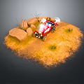 Sandy Desert Landscape Featuring Red Car Rocks Dry Grass And Smoke