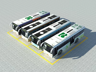 Three Modern Buses With Green Logos Parked In Designated Parking Area 3d model