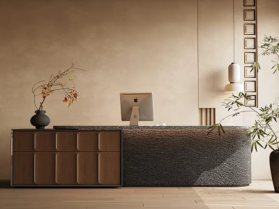 Stylish Modern Reception Desk With Wooden Cabinet Stone Counter And Decorative Plant 3d model