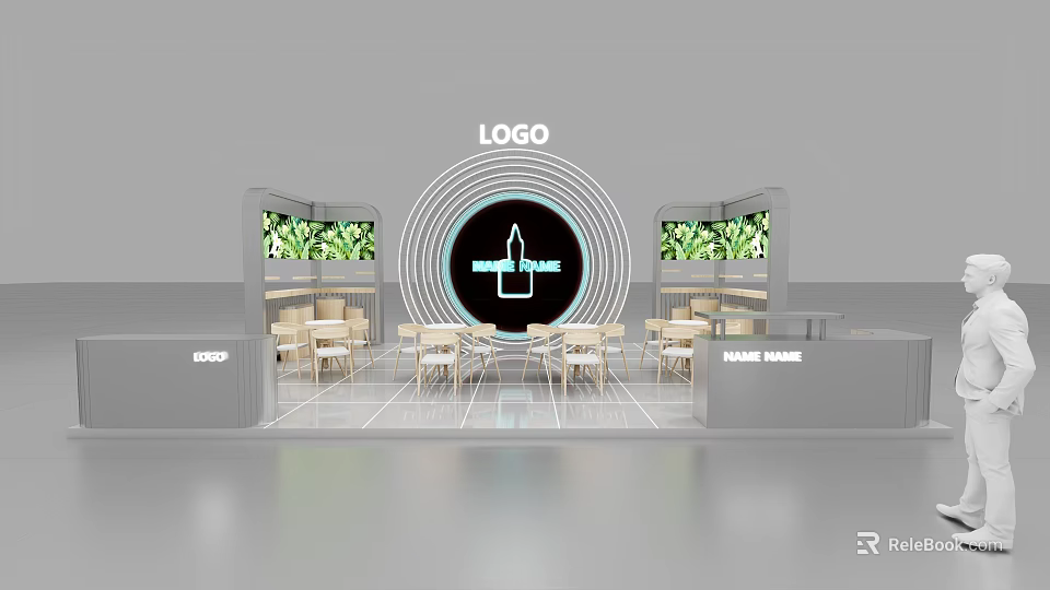 Exhibition Reception Desk Featuring Circular Logo Black Bottle Design Green Screens And Light Tables Chairs 3d model 
