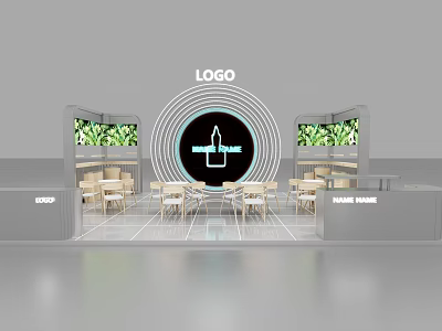 Exhibition Reception Desk Featuring Circular Logo Black Bottle Design Green Screens And Light Tables Chairs 3d model
