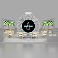 Exhibition Reception Desk Featuring Circular Logo Black Bottle Design Green Screens And Light Tables Chairs