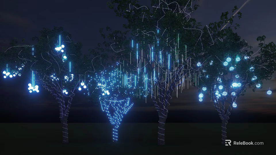 Illuminated Arbor Trees With Blue Light Decorations On Branches Trunks And Dark Night Sky 3d model 