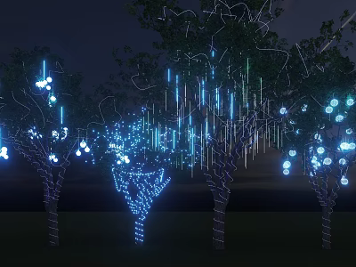 Illuminated Arbor Trees With Blue Light Decorations On Branches Trunks And Dark Night Sky 3d model