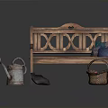 Wooden Garden Bench With Metal Watering Can Cushion And Apple Basket
