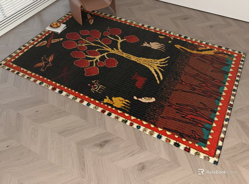 Traditional Square Area Rug With Red Floral Golden Tree Birds And Colorful Border 3d model 