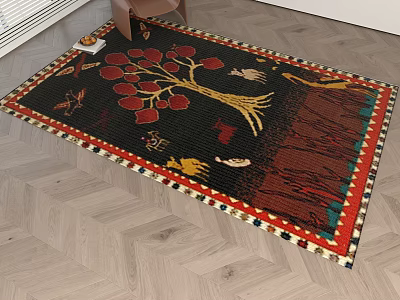 Traditional Square Area Rug With Red Floral Golden Tree Birds And Colorful Border 3d model