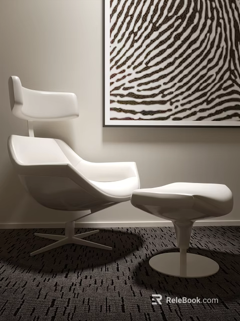 Modern White Lounge Chair With Matching Ottoman And Zebra Print Wall Art On Dark Carpet 3d model 