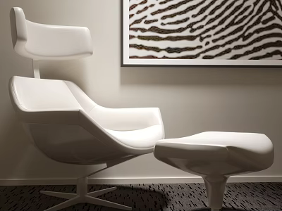 Modern White Lounge Chair With Matching Ottoman And Zebra Print Wall Art On Dark Carpet 3d model