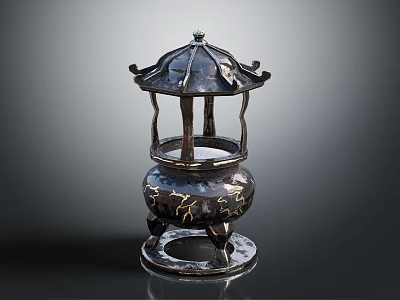 Antique Style Black Decorative Container With Gold Animal Patterns And Tripod Base 3d model