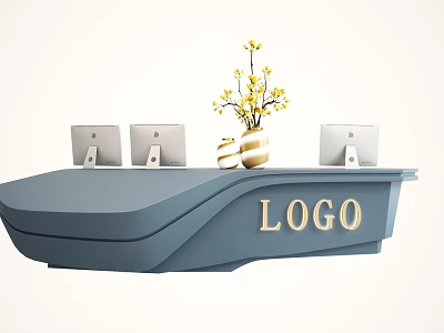 Modern Blue Reception Desk with LOGO Three Computer Monitors and Striped Vase with Yellow Flowers 3d model
