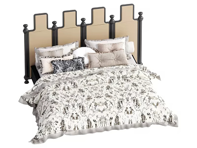 Elegant Double Bed With Black And Beige Ornate Headboard Decorative Pillows White Patterned Bedspread 3d model
