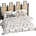 Elegant Double Bed With Black And Beige Ornate Headboard Decorative Pillows White Patterned Bedspread 3d model