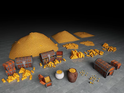 Piles of Gold Coins with Treasure Chests and Clay Pots on Stone Floor 3d model