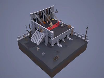 Cartoon Abandoned Castle Scene with Stairs Red Carpet Character Figures Broken Trees and Fences 3d model
