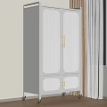 White Cabinet With Glass Doors And Golden Handles Holding Kitchenware Near Window Curtains