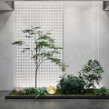 Indoor Landscape Design With Perforated White Screen Tall Tree Green Plants Stone And Round Light