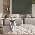 Modern Living Room Interior With Beige Sofa Green Artwork Large Plant And Glass Coffee Table