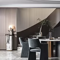 Modern Luxury Restaurant Interior With Round Dining Table Gray Chairs Marble Floor And Wooden Walls 3d model