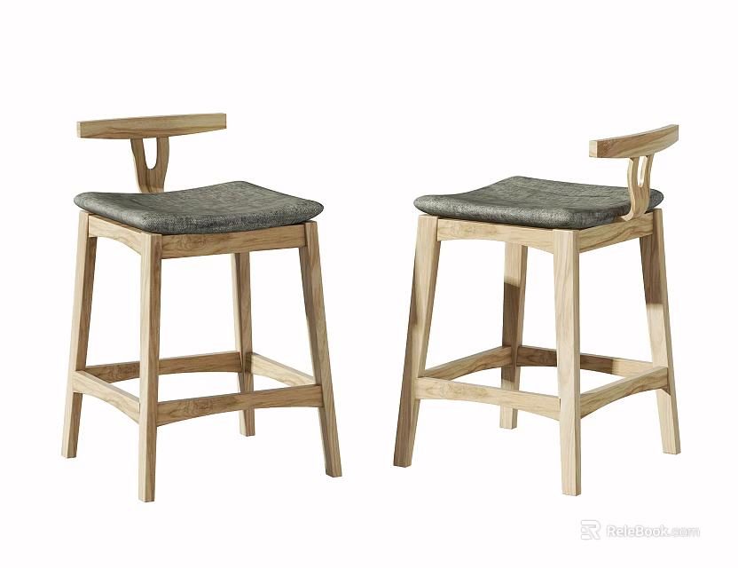 Wooden Bar Stools With Backrest And Gray Padded Seat Set Of Two 3d model 