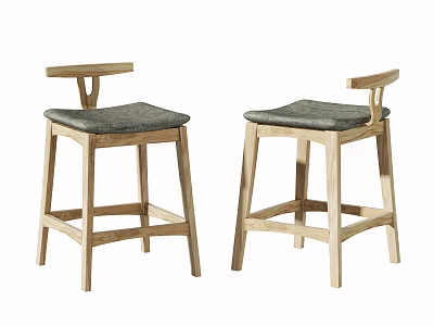 Wooden Bar Stools With Backrest And Gray Padded Seat Set Of Two 3d model
